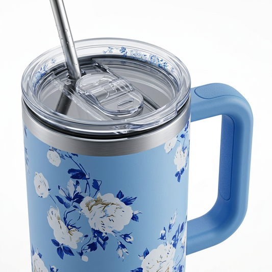 Blue floral tumbler pattern and handle close-up detail