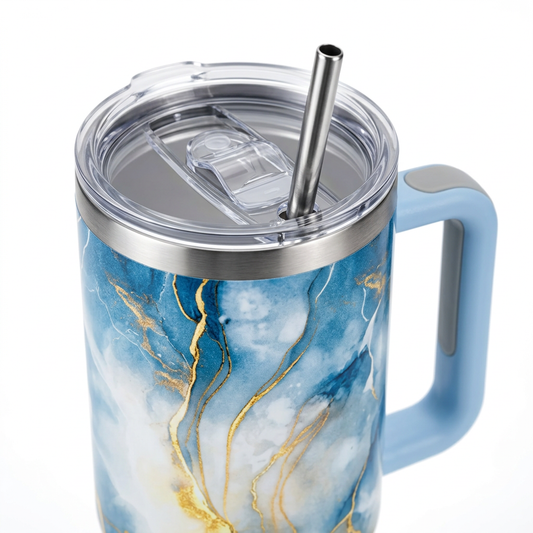 Marble tumbler lid, straw and handle close-up detail