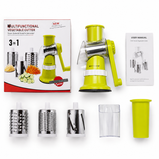 3 in 1 Multifunctional Vegetable Cutter — Rotary Drum Slicer, Grater & Shredder with Suction Base