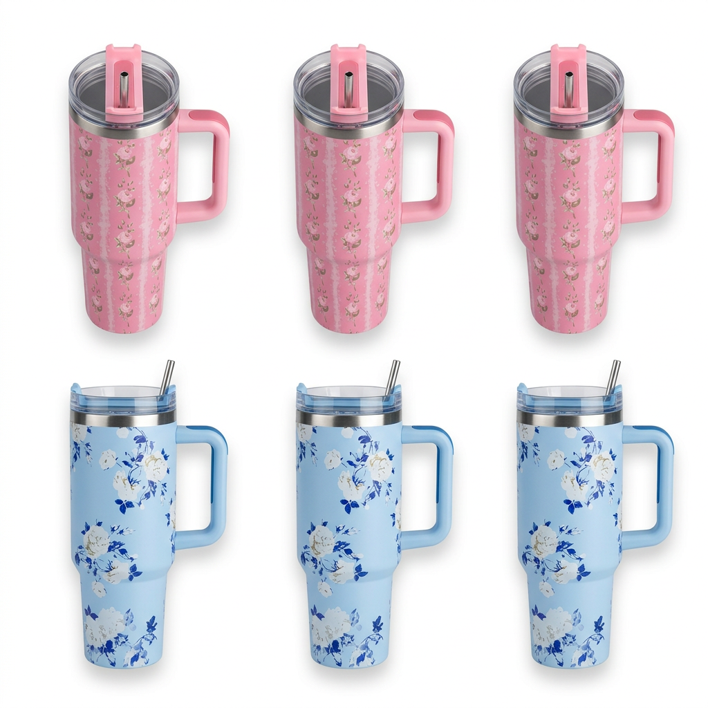 40oz floral tumblers in blue and pink designs