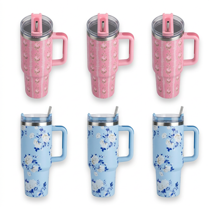 40oz floral tumblers in blue and pink designs