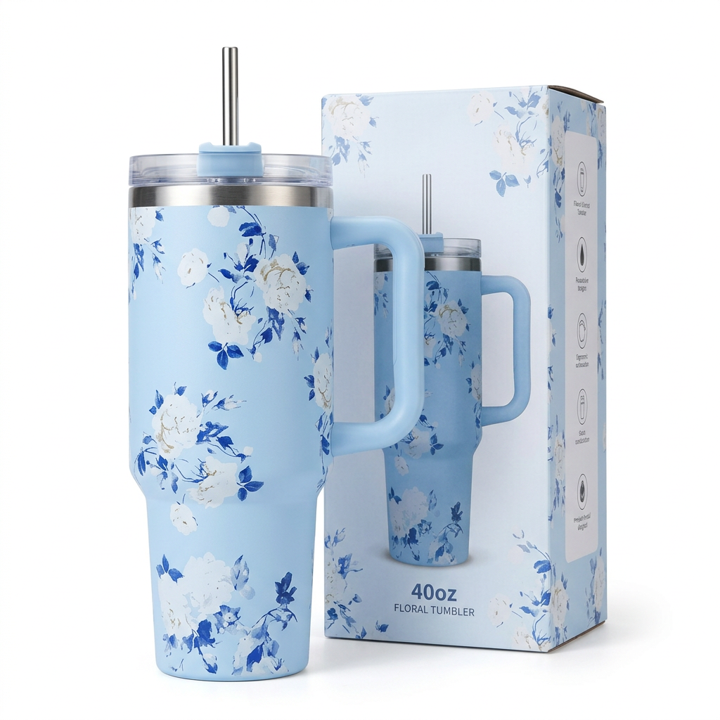 40oz blue floral insulated tumbler with handle and straw