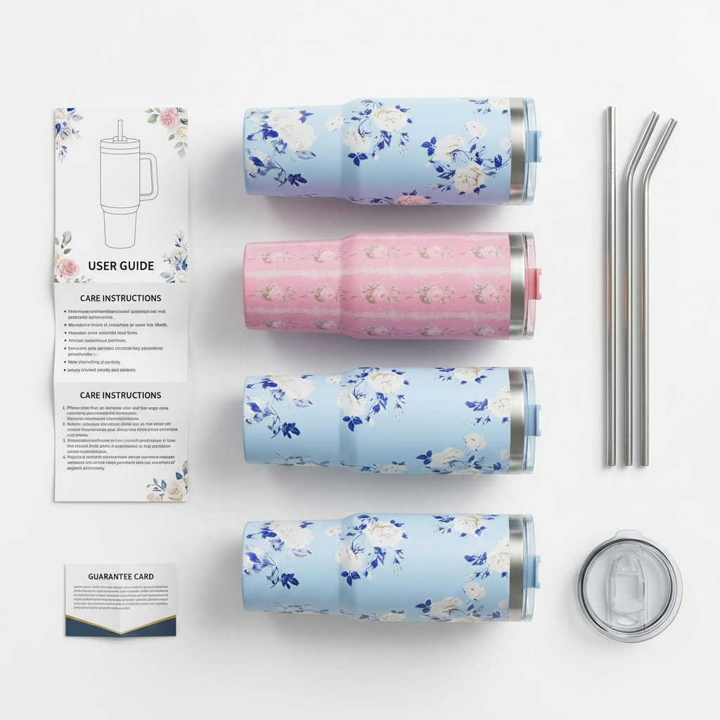 40oz floral tumbler package contents flat lay
