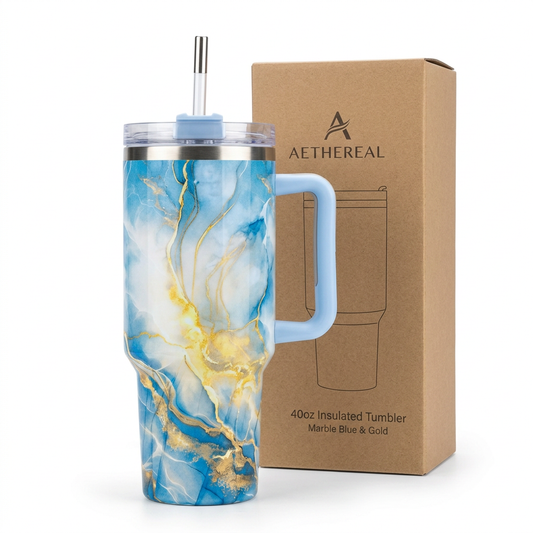 40oz marble print insulated tumbler with handle and straw