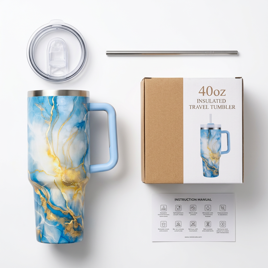 40oz marble tumbler package contents flat lay