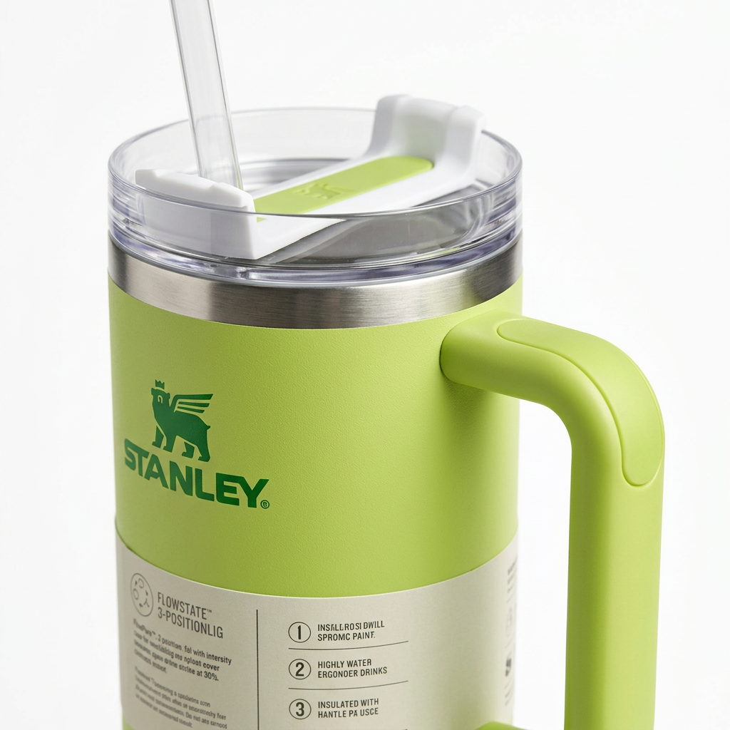 Plain matte tumbler handle and spill resistant lid detail