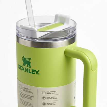 Plain matte tumbler handle and spill resistant lid detail