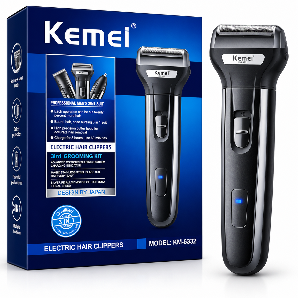 Kemei KM-6332 3-in-1 Rechargeable Grooming Kit — Hair Clipper, Beard & Nose Trimmer