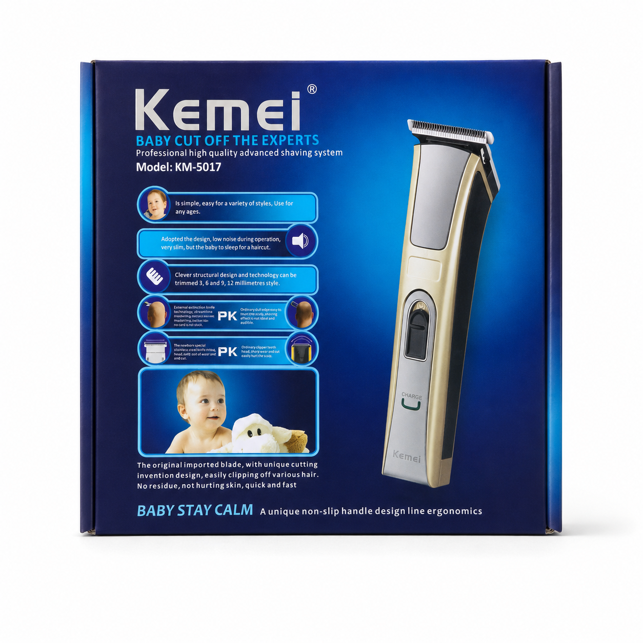 Kemei KM-5017 Rechargeable Hair Clipper & Trimmer — Low Noise, 3/6/9/12mm Combs