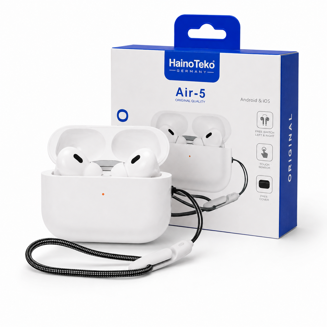 Haino Teko Air-5 Wireless Earbuds — Touch Control, Free Cover & Lanyard