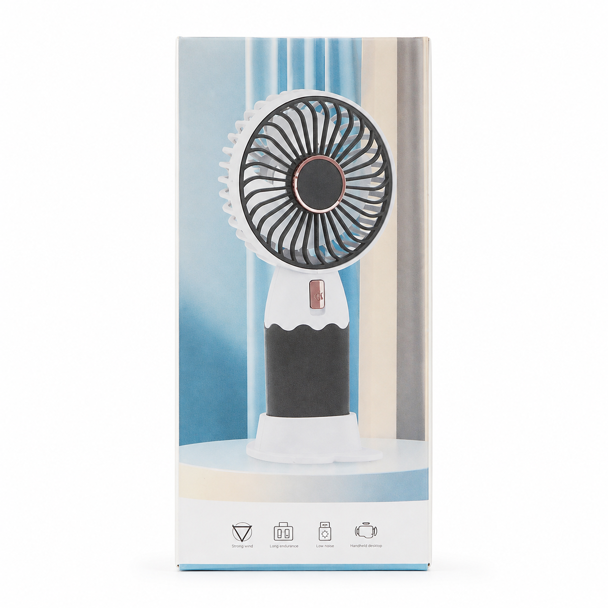 Mini desk fan package contents with charging cable