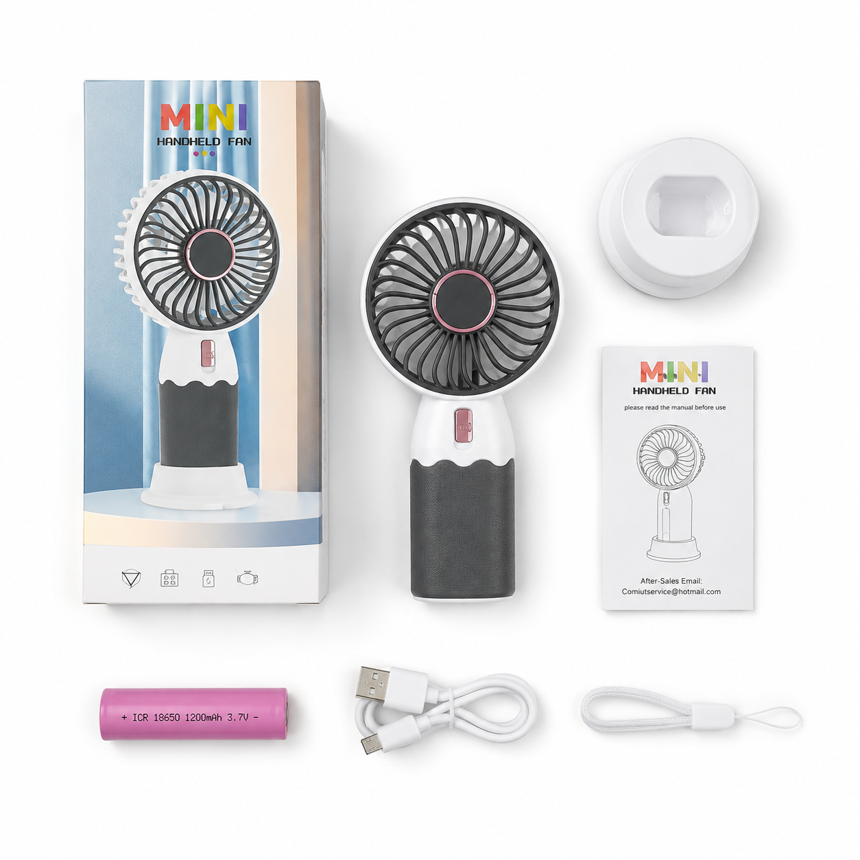 Mini desk fan angled view showing stand