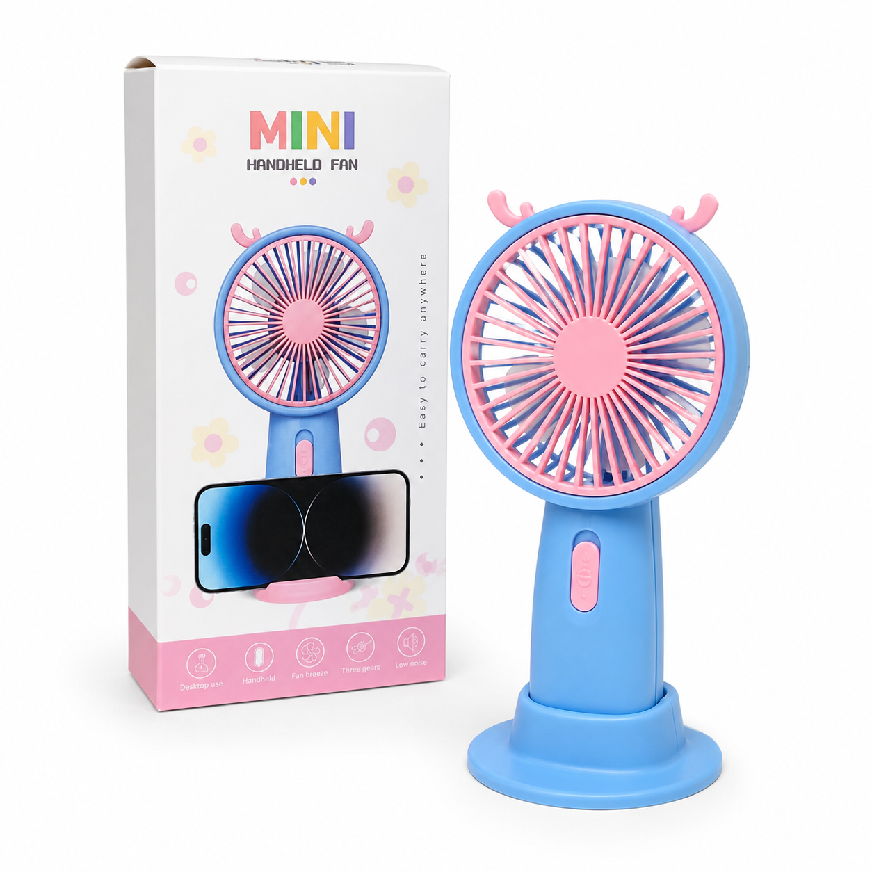 Mini handheld fan with built-in phone stand, cartoon design
