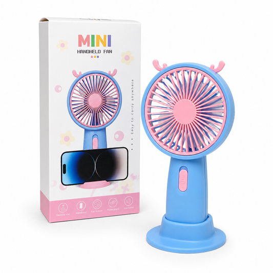 Mini handheld fan with built-in phone stand, cartoon design