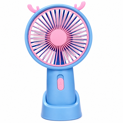Handheld fan holding a phone in its base stand