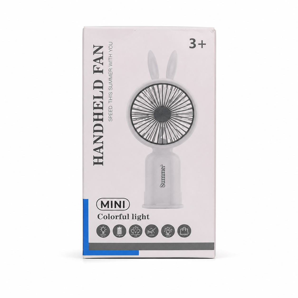 Handheld LED fan folded into desk stand position
