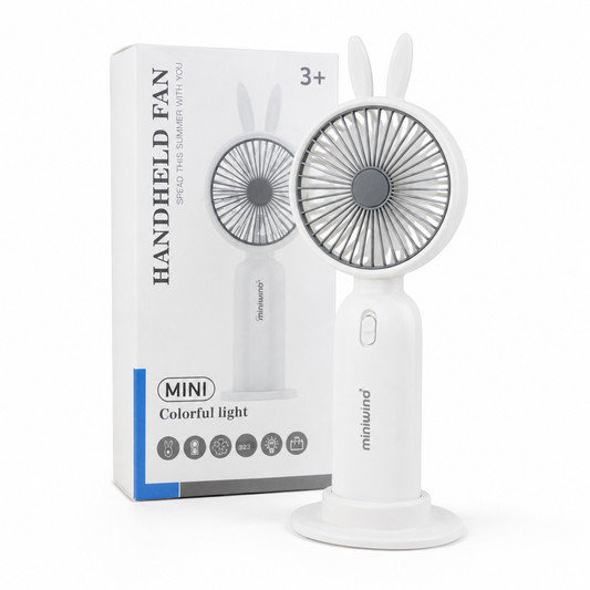 Mini handheld fan with colour changing LED light