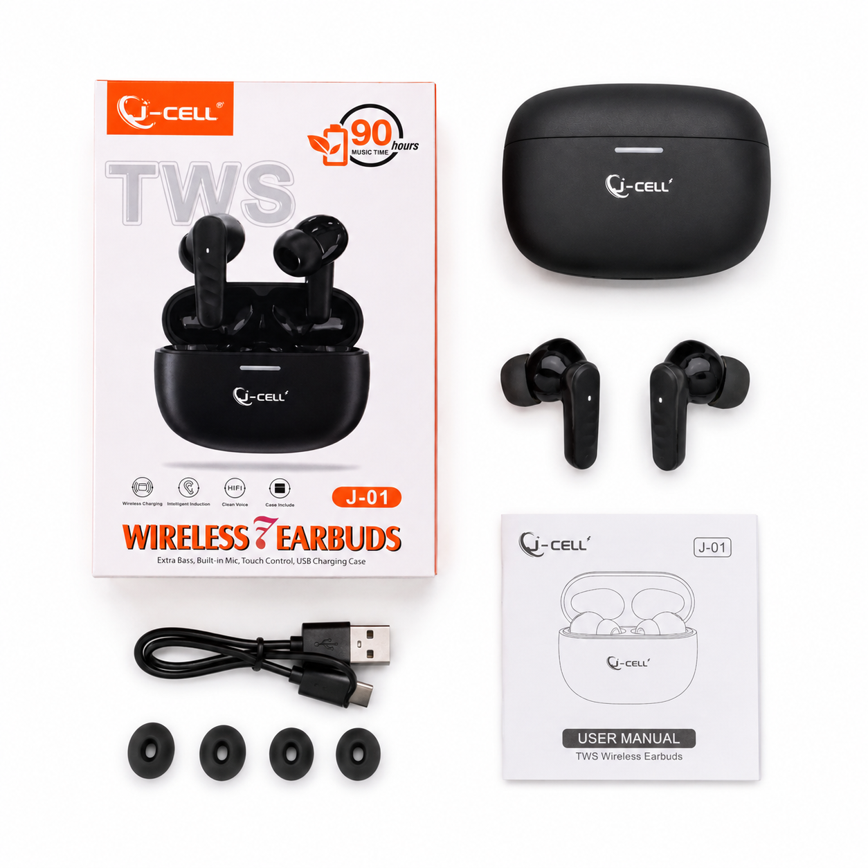 Q-CELL J-01 charging case open showing both earbuds