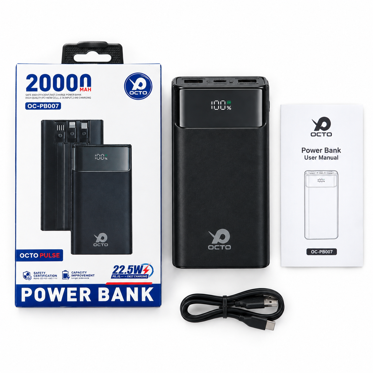 Octo Pulse OC-PB007 20000mAh Power Bank — 22.5W Fast Charging, Digital Display
