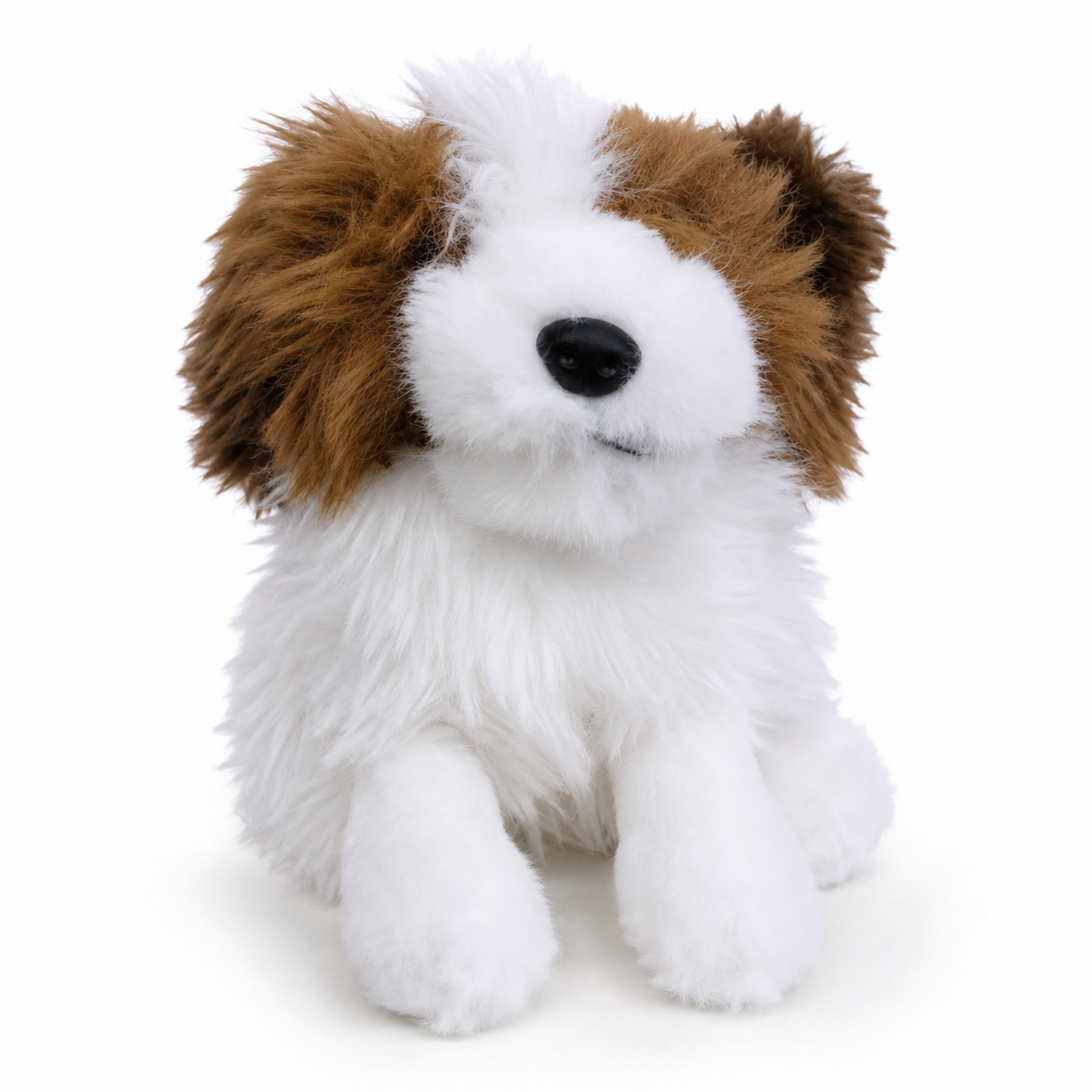 Shaggy long fur puppy plush toy, studio photo