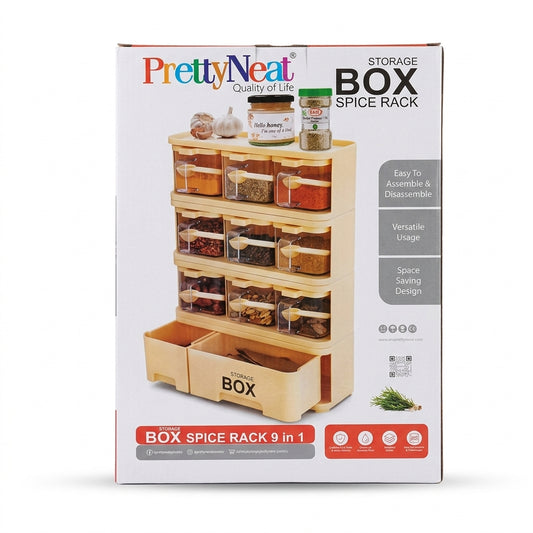 PrettyNeat Storage Box Spice Rack 9-in-1 — 9 Jars with Spoons, 2 Drawers