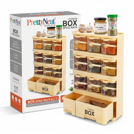 PrettyNeat Storage Box Spice Rack 9-in-1 — 9 Jars with Spoons, 2 Drawers