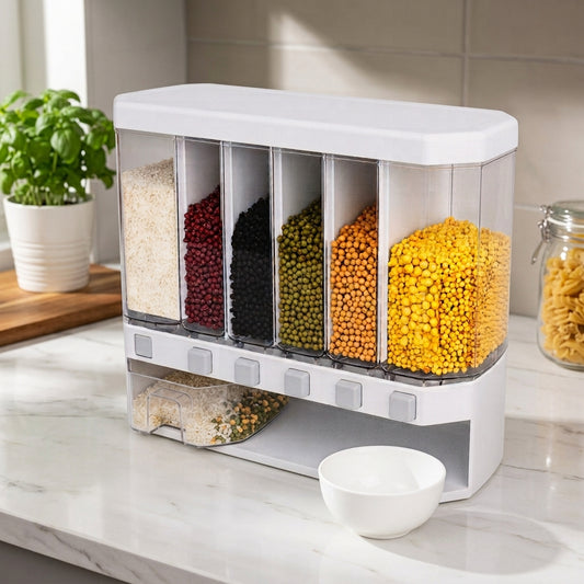 6-Compartment Dry Food Storage Dispenser — Rice, Grains and Pulses