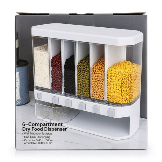 6-Compartment Dry Food Storage Dispenser — Rice, Grains and Pulses