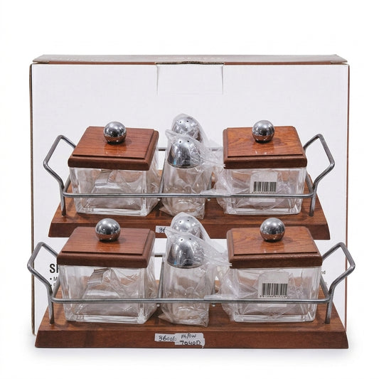 Condiment Set with Wooden-Look Tray — 2 Jars with Lids and 2 Shakers