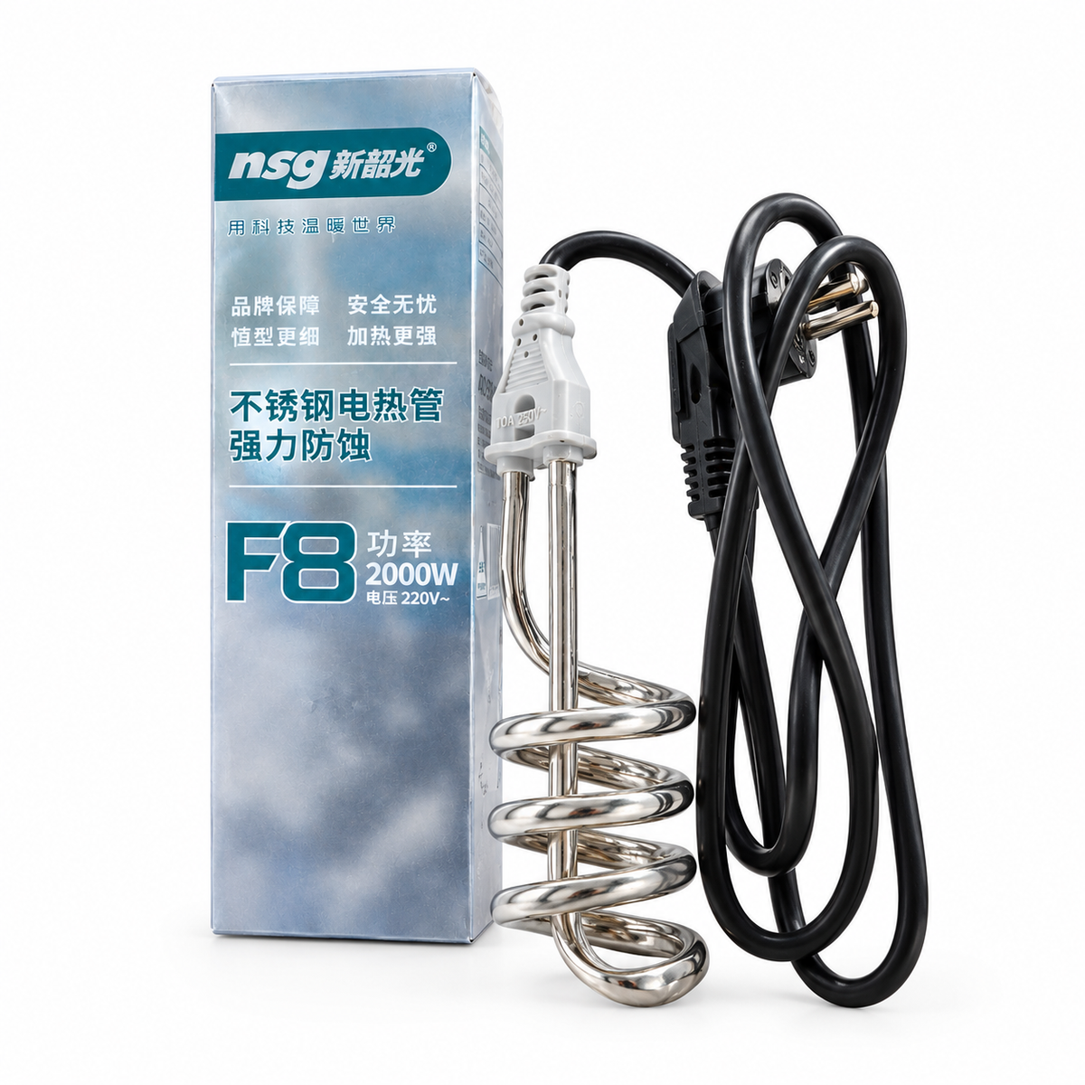 NSG F8 Immersion Water Heater Rod — 2000W Stainless Steel Spiral Coil