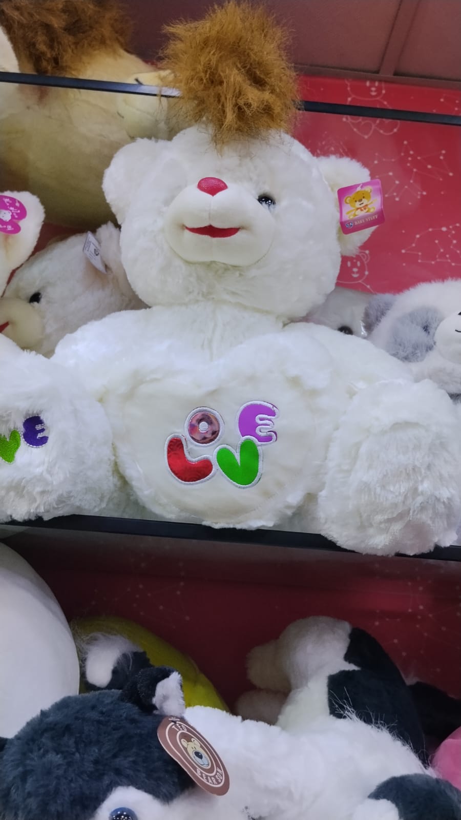White teddy bear with Love patch, size reference