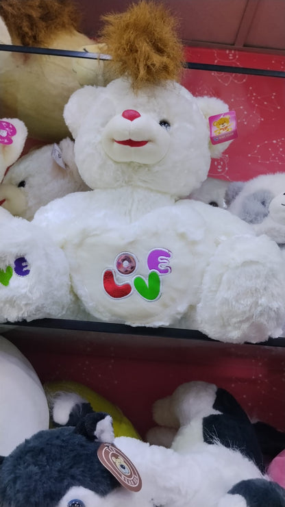 White teddy bear with Love patch, size reference