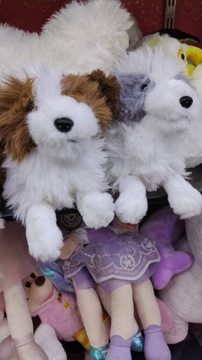 Shaggy puppy plush toys in brown and grey, size reference