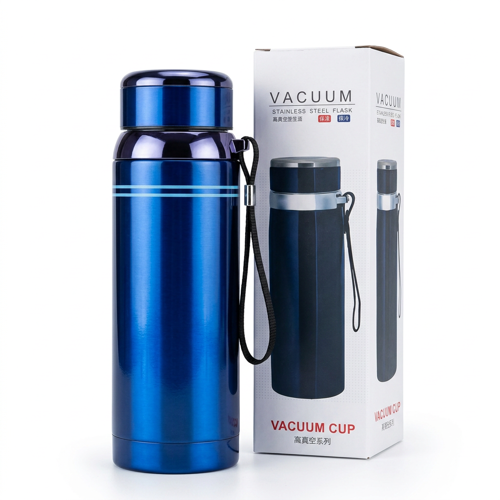 Blue vacuum insulated stainless steel water bottle