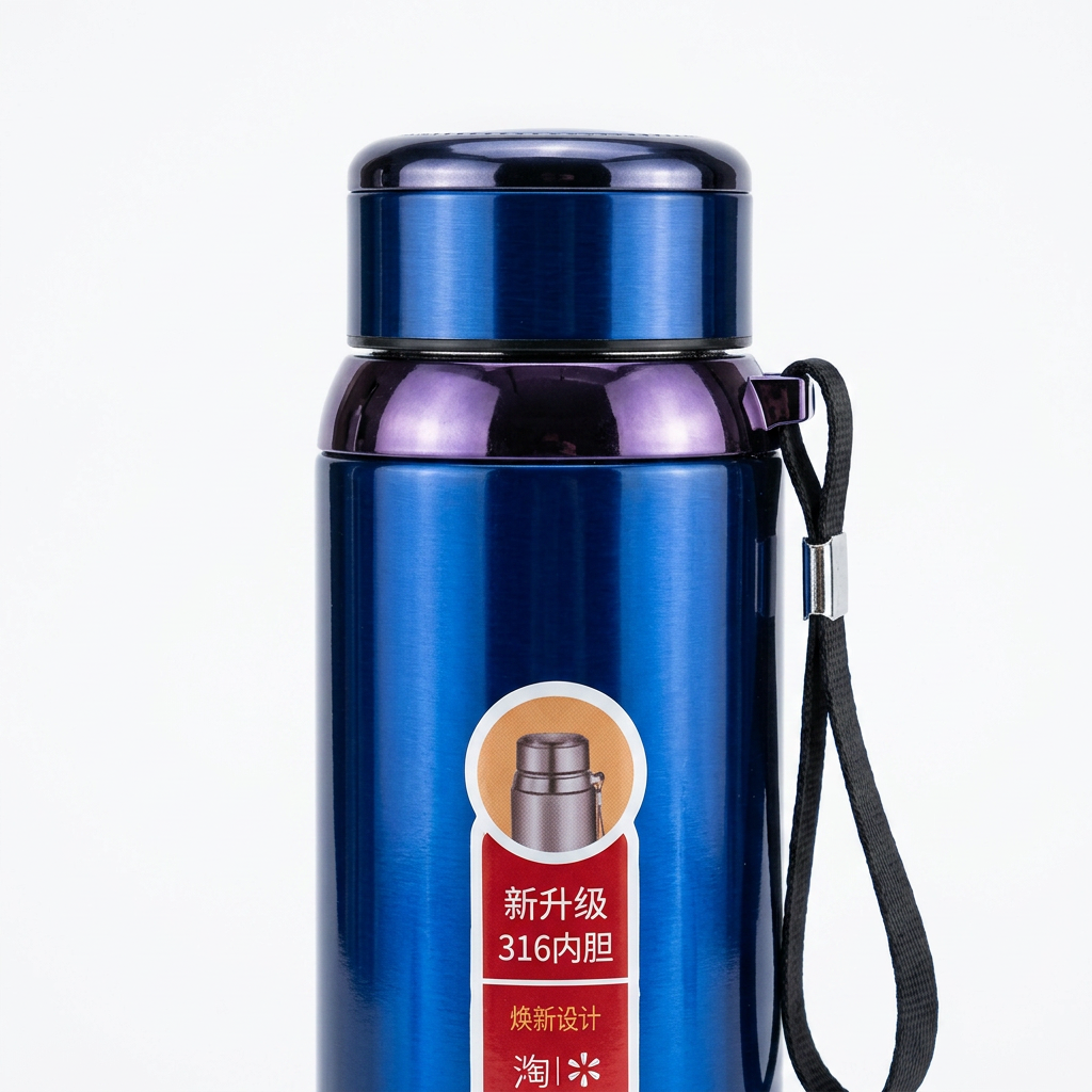 Water bottle screw lid and carry strap close-up detail