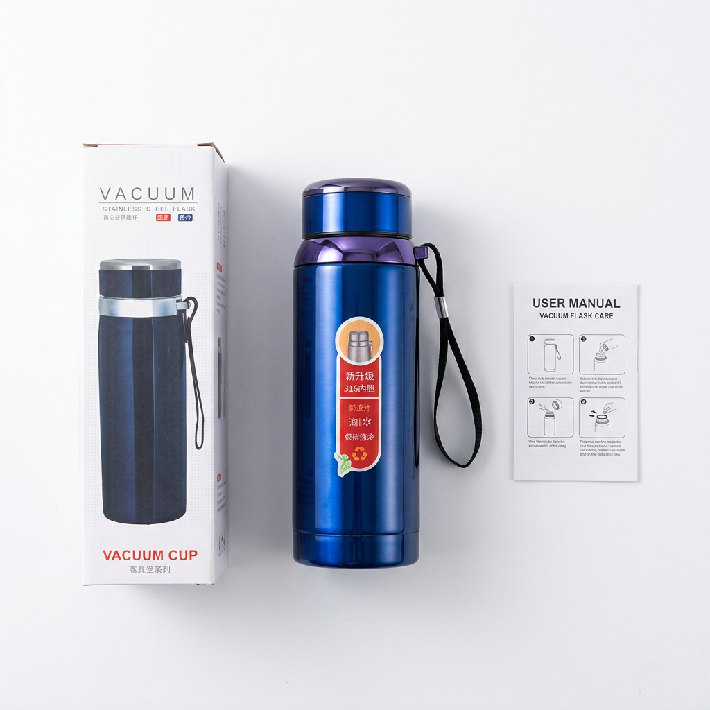 Vacuum insulated water bottle package contents flat lay